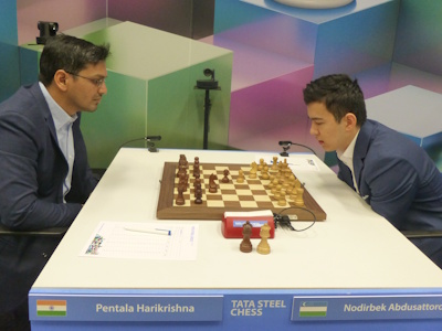 Abdusattorov vs Harikrishna Tata Steel 2025 Round 13 Photo © Michiel Abeln.