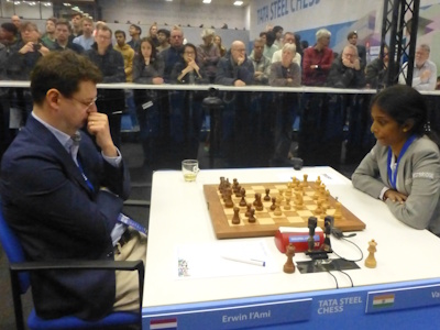 Vaishali vs L'Ami Challengers Tata Steel 2025 Round 13 Photo © Michiel Abeln.