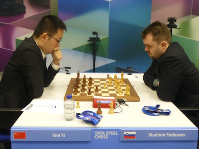 Fedoseev vs Wei Yi Tata Steel 2025 Round 13 Photo © Michiel Abeln.