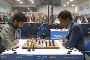 Gukesh and Praggnanandhaa during the first tie-break game. Photo © 