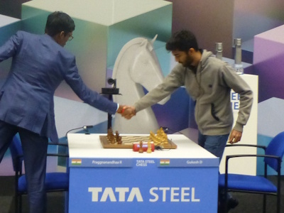 Gukesh and Praggnanandhaa tie-break Tata Steel 2025 Round 13 Photo © Michiel Abeln.