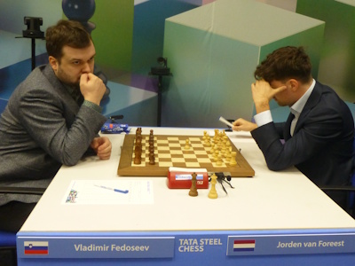 Jorden Van Foreest against Vladimir Fedoseev. Tata Steel 2025 Round 1 Photo © Michiel Abeln.