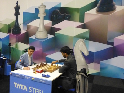 Anish Giri against Gukesh D. Tata Steel 2025 Round 1 Photo © Michiel Abeln.