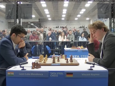 Leon Luke Mendonca against Vincent Keymer. Tata Steel 2025 Round 1 Photo © Tata Steel Chess.