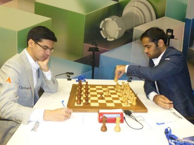 Arjun Erigaisi against Anish Giri Tata Steel 2025 Round 2 Photo © Michiel Abeln.