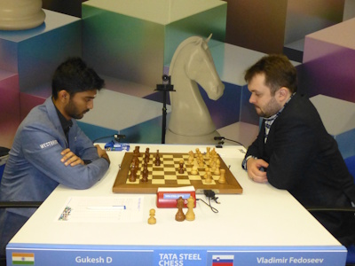 Vladimir Fedoseev against Gukesh Tata Steel 2025 Round 2 Photo © Michiel Abeln.