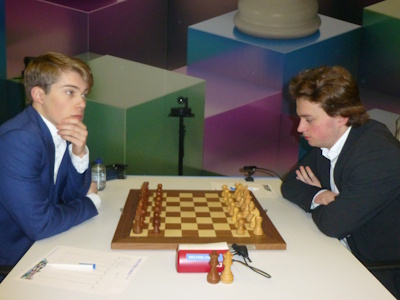 Vincent Keymer against Max Warmerdam Tata Steel 2025 Round 2 Photo © Michiel Abeln.