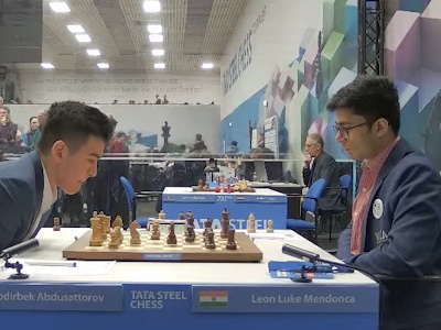 Nodirbek Abdusattorov against Leon Luke Mendonca Tata Steel 2025 Round 2 Photo © Tata Steel Chess.