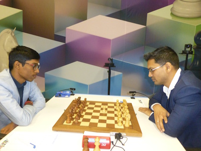 Pentala Harikrishna against Praggnanandhaa Tata Steel 2025 Round 2 Photo © Michiel Abeln.