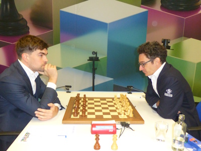 Fabiano Caruana against Lucas Van Foreest Tata Steel 2025 Round 2 Photo © Michiel Abeln.