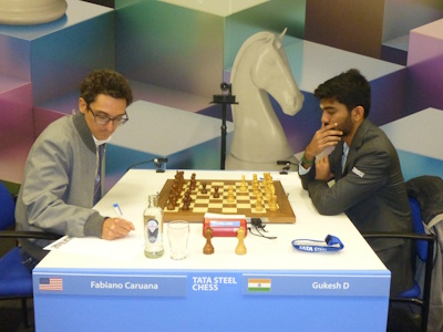 Gukesh vs Caruana Tata Steel 2025 Round 3 Photo © Michiel Abeln.