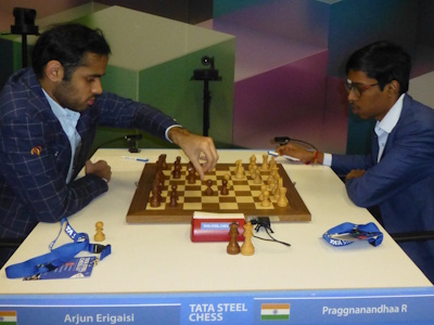 Praggnanandhaa vs Arjun Erigaisi Tata Steel 2025 Round 3 Photo © Michiel Abeln.