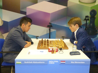 Max Warmerdam vs Nodirbek Abdusattorov Tata Steel 2025 Round 3 Photo © Michiel Abeln.