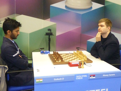 Sarana vs Gukesh Tata Steel 2025 Round 4 Photo © Michiel Abeln.