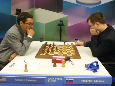 Fedoseev vs Caruana Tata Steel 2025 Round 5 Photo © Michiel Abeln.