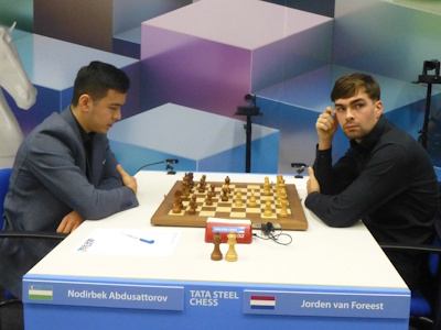 Van Foreest vs Abdusattorov Tata Steel 2025 Round 5 Photo © Michiel Abeln.