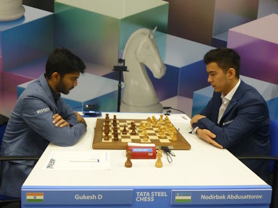 Abdusattorov vs Gukesh Tata Steel 2025 Round 6 Photo © Michiel Abeln.