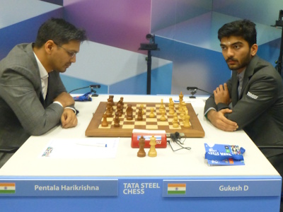 Gukesh vs Harikrishna Tata Steel 2025 Round 7 Photo © Michiel Abeln.