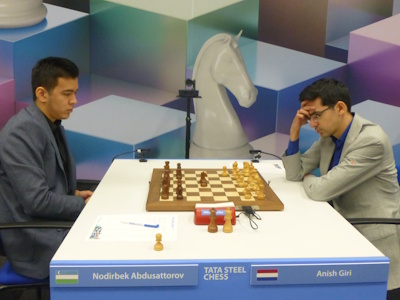 Giri vs Abdusattorov Tata Steel 2025 Round 7 Photo © Michiel Abeln.