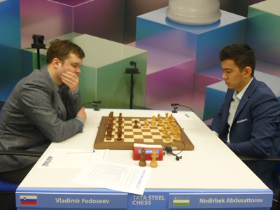 Abdusattorov vs Fedoseev Tata Steel 2025 Round 8 Photo © Michiel Abeln.