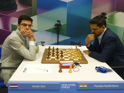 Harikrishna vs Giri Tata Steel 2025 Round 8 Photo © Michiel Abeln.