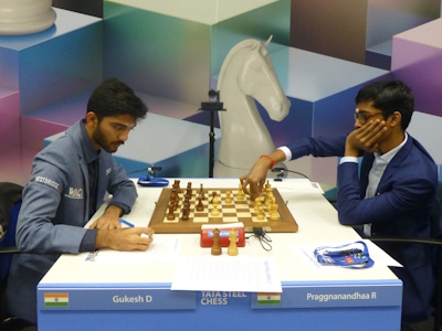 Praggnanandhaa vs Gukesh Tata Steel 2025 Round 8 Photo © Michiel Abeln.