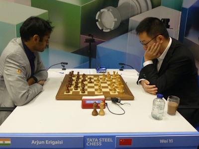 Wei Yi vs Erigaisi Tata Steel 2025 Round 9 Photo © Michiel Abeln.