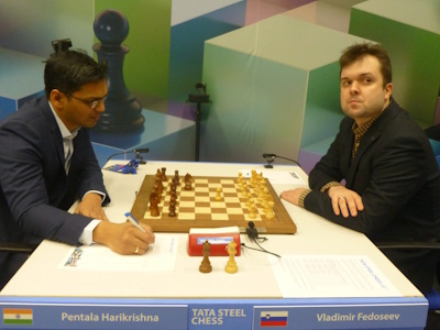 Vladimir Fedoseev vs Pentala Harikrishna Tata Steel 2025 Round 9 Photo © Michiel Abeln.