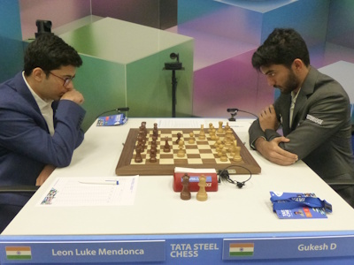 Gukesh vs Leon Luke Mendonca Tata Steel 2025 Round 9 Photo © Michiel Abeln.