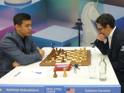 Fabiano Caruana vs Nodirbek Abdusattorov Tata Steel 2025 Round 9 Photo © Michiel Abeln.