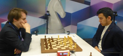 Tata Steel Round 12 Abdusattorov-Bluebaum Photo &copy; Michiel Abeln.