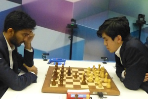 Gukesh against Sindarov was the longest game of the day. Photo &copy; Michiel Abeln.