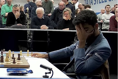 Tata Steel Round 6 Gukesh realises he's just blundered horribly Photo &copy; Michiel Abeln.
