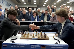 Vincent Keymer resigns against Jorden Van Foreest. Photo &copy; 