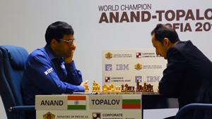 Anand in play against Topalov in Game 9. Photo ©