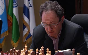 Boris Gelfand considering his response to 8...Bd7 in the Nimzo-Indian. Photo © 