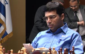 Anand looked very pensive after offering a draw at the end of game 12 to take the match to a play-off. Photo © 