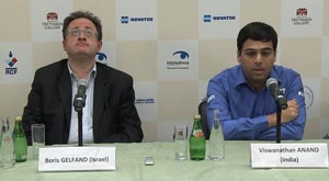 Gelfand and Anand at the start of the Game 9 press conference. Photo © 