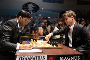 Anand vs Carlsen game 2. Photo © Anastasiya Karlovich.