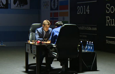 Anand and Carlsen on stage in game 1