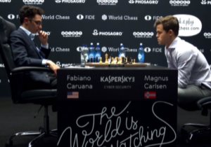 Caruana and Carlsen in play during game 10. 