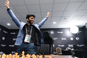 Gukesh celebrates winning the title. Photo © FIDE