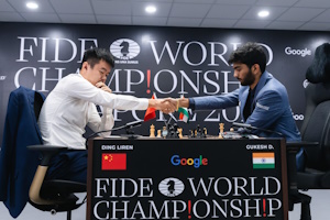 Gukesh and Ding Game 6. Photo © FIDE taken from their press release.