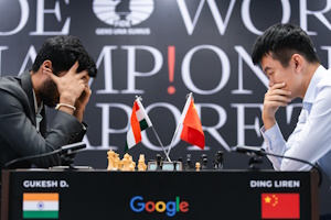 Gukesh and Ding Game 7. Photo © FIDE taken from their press release.