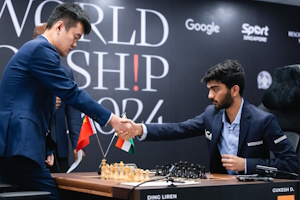 Ding and Gukesh shake hands at the start of game 8. Photo © FIDE.