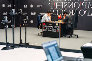 Gukesh and Ding during game 9. Photo © FIDE taken from their press release.