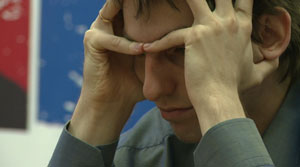 Grischuk working hard in a difficult position against Kramnik. 