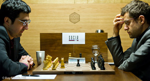 Vladimir Kramnik will be disappointed not to get right into contention by beating one of the leaders Levon Aronian. Photo © Ray Morris-Hill. 