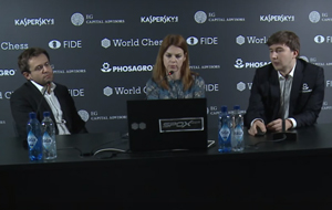 Levon Aronian looked and sounded drained at his press conference with Sergey Karjakin. Photo © 