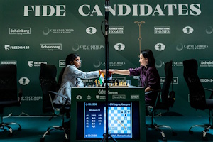 Vaishali being congratulated by Lagno at the end of their game. Photo &copy; 